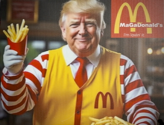 Donald Trump dressed as McDonalds employee selling french fries.