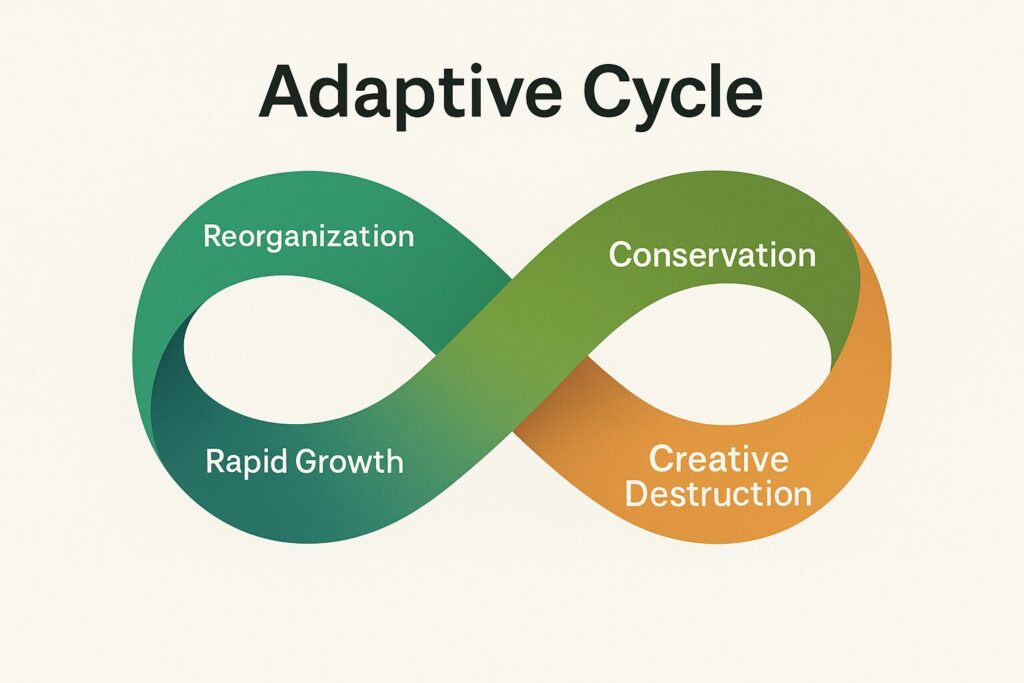This image is titled: Adaptive Living. It shows a Möbius strip representing a continuous flow of growth, stability, decline, and rebirth.