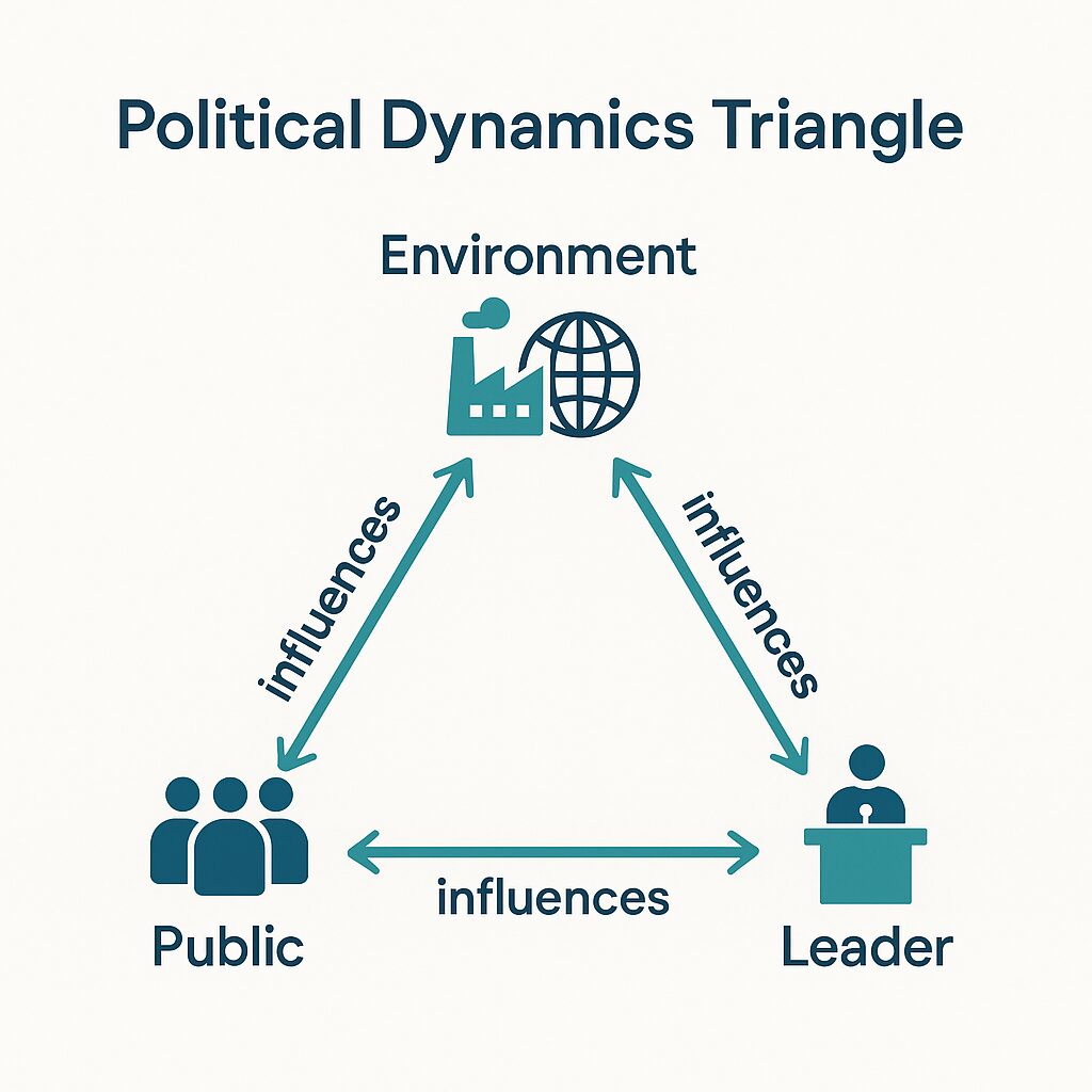 This image is a variation of the toxic triangle that show the dynamic of constant information flowing between the public, political leaders, and the environment.