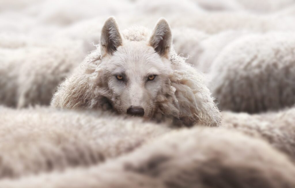The photo shows sheep that has the face of a wolf. The imagery applies to the article about populist leaders as wolves in sheep's clothing.